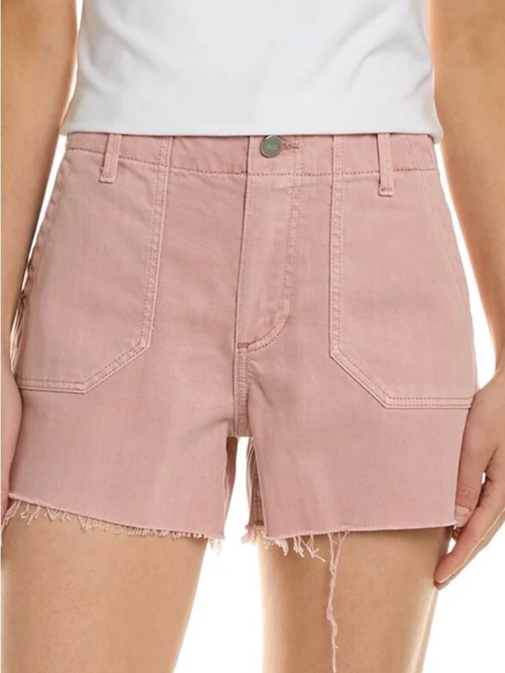 PAIGE Light Pink Frayed Hem Denim Shorts — Pink/blush